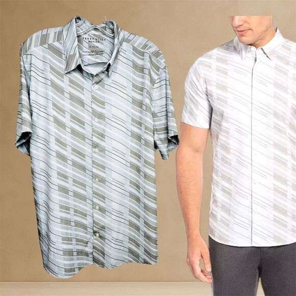 Perry Ellis Motion Button Shirt Men XL Abstract Neutral Golf Print White Tan - Picture 1 of 7